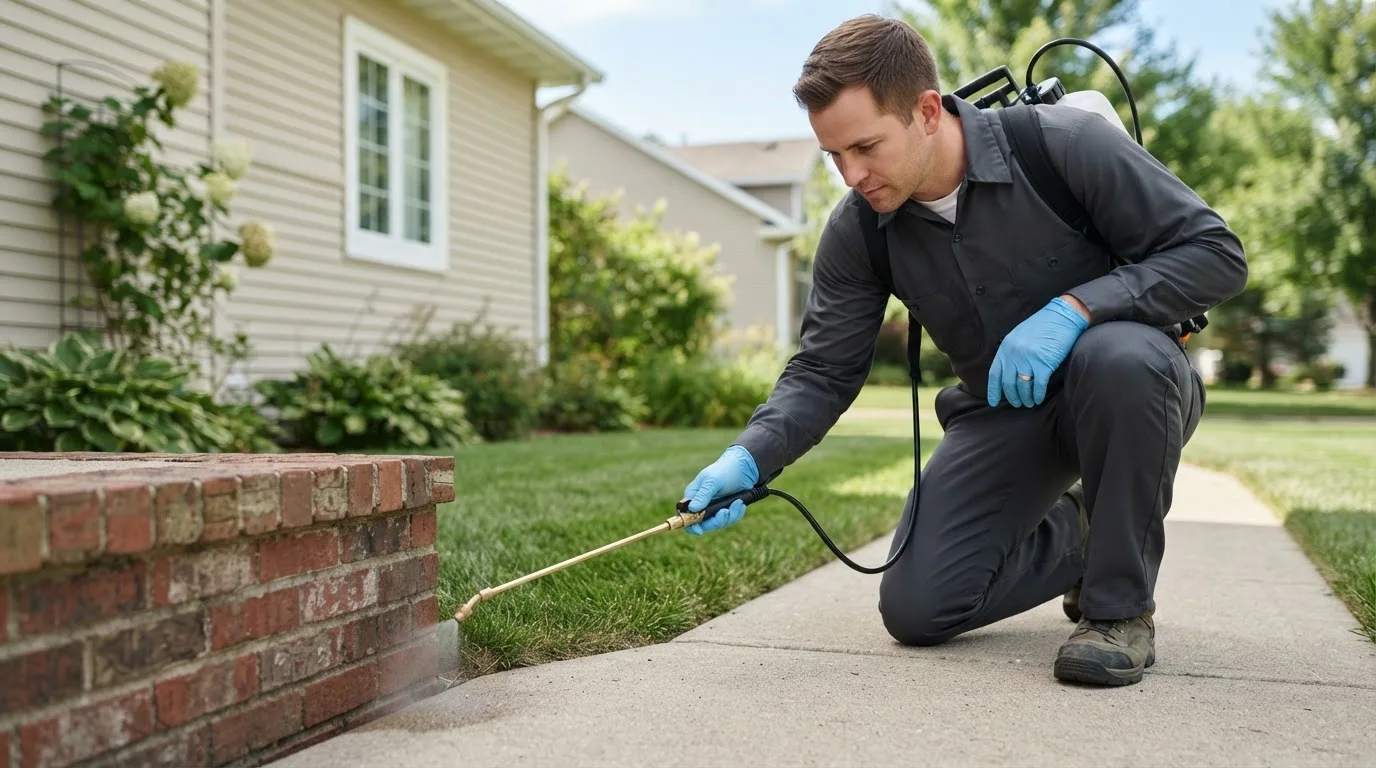 Pest control technician treating a home near Concho, OK