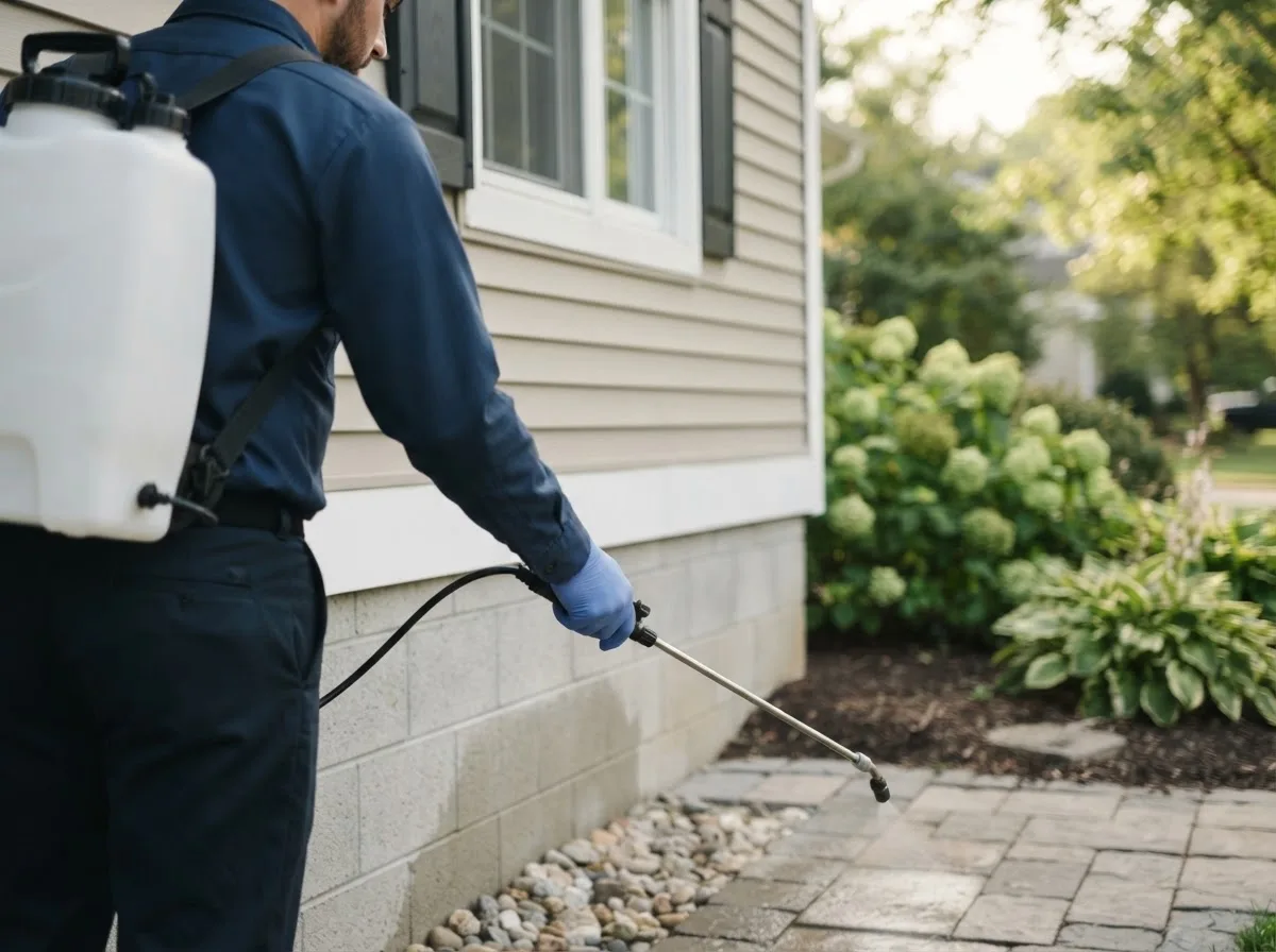 Pest control technician inspecting a home in Concho, OK